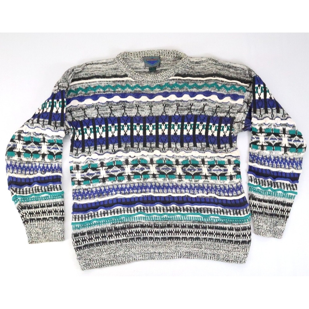 Vintage Grandpa Knit 3D Sweater Sz M‎ Multicolor Crew Neck Striped 90s Coogi
